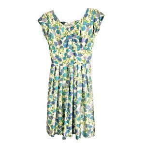 Vintage 1950s Fit & Flare Dress Blue Green Floral Print Chiffon